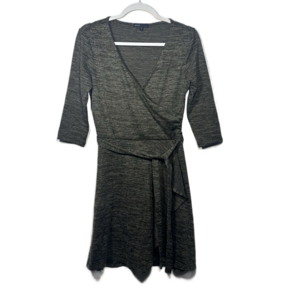 bebop Heathered Olive Faux Wrap Mini Dress 3/4 Sleeves Tie Waist Size Medium